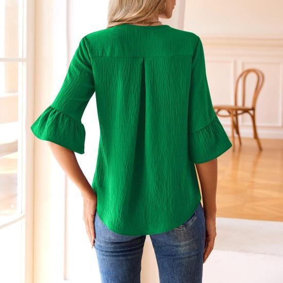 Women Shirt V-Neck Half Sleeve Ruffle Trim Pullover Tops Pure Color Regular Fit Casual Shirt Tops Work Party Vacation Wear