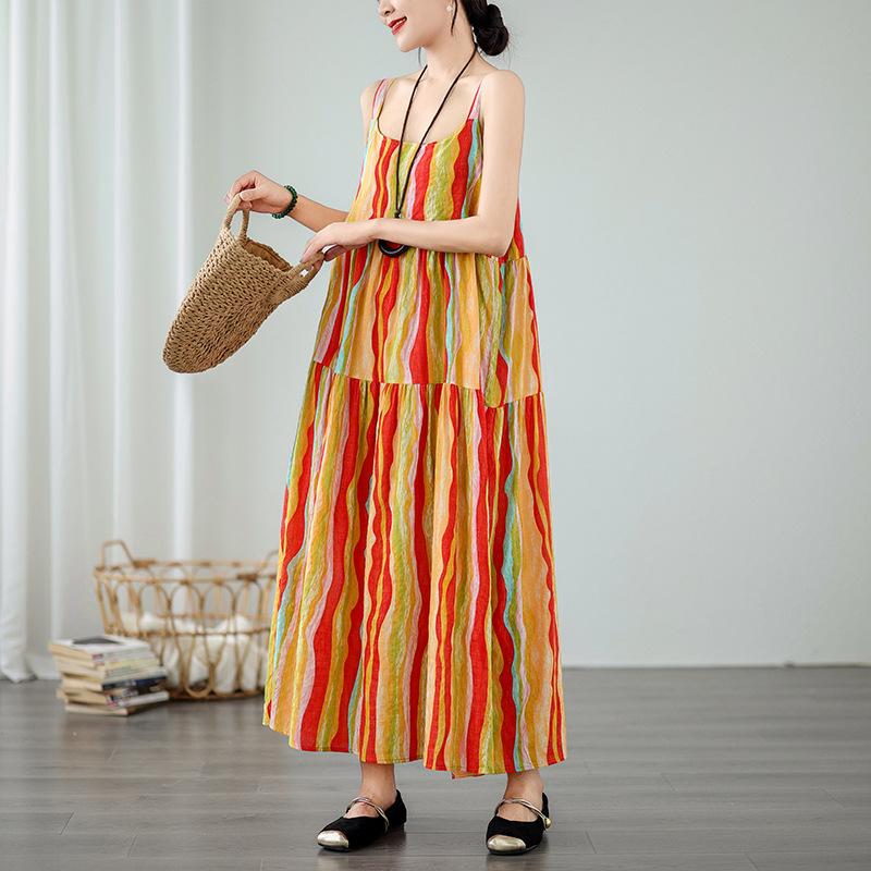 Rochie Halter Mărimi Mari Rochie de Vacanță Rustică din Bumbac In Imprimat Rochie Largă cu Tiv Mare Rochii pentru Femei