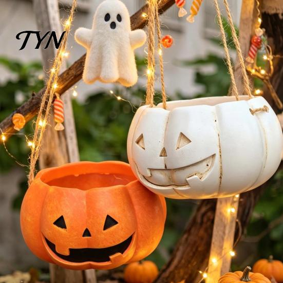 Durable Resin Planter Pumpkin Shaped Hanging Plant Pot, 4.3 Inch Lightweight Flower Adjustable Modern Aesthetic Room Accents Rope Mini Pots for Indoor