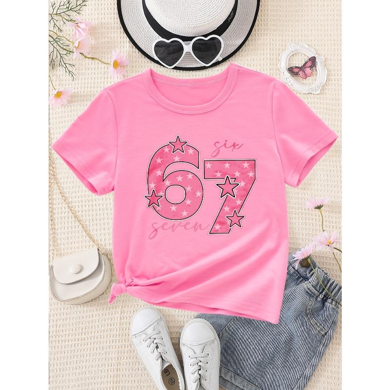 European sizes Girls' 67 Letters & Numbers Print T-Shirt - Casual Round Neck Top Suitable for Spring/Summer, & Casual Attire