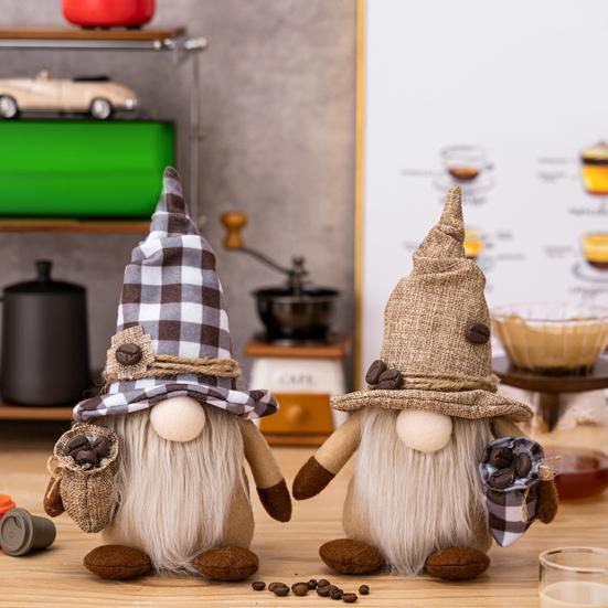 Poupée Peluche Gnome Sac à Graines de Café Chapeau Pointu Long Barbe Grise Autoportante Nez Proéminent Cadeau Mignon Bureau Sans Visage