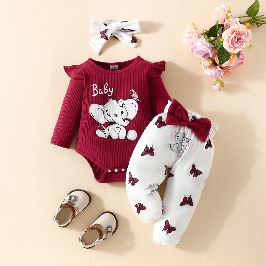 Set Bodysuit cu Mânecă Lungă și Pantaloni cu Fundiță Elefant Bebeluș