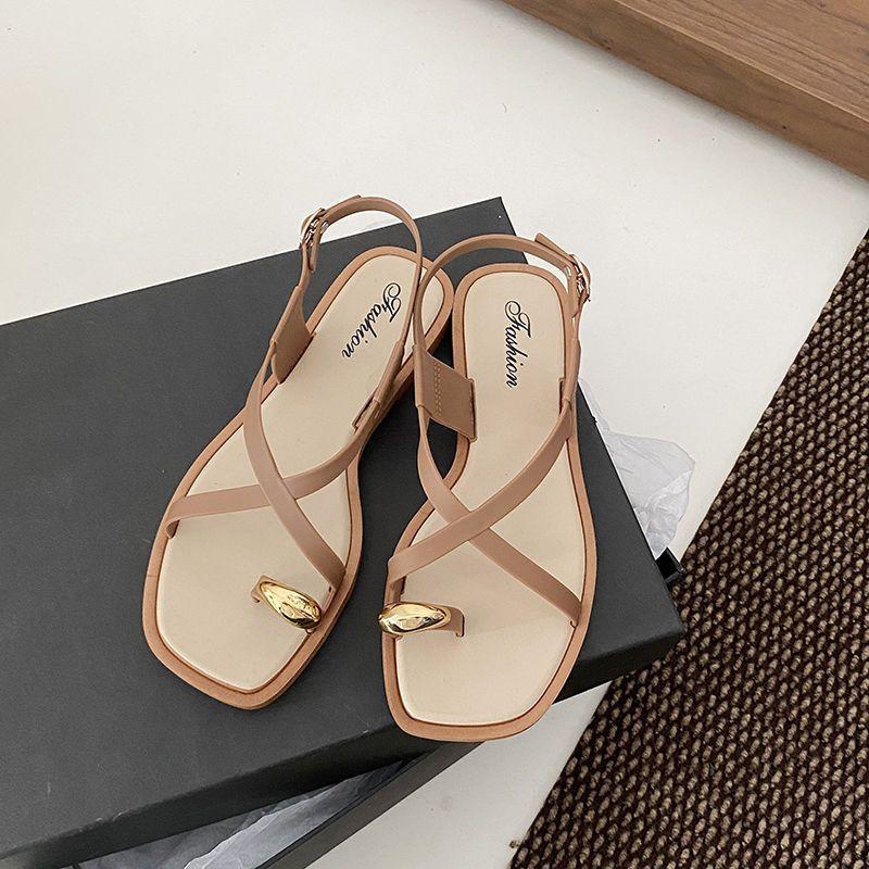 Women s Toe Ring Flat Sandals Cross Strap Open Toe Square Toe Slingback Sandals Gold Metal Decor Casual Summer Beach Slides 37 хаки