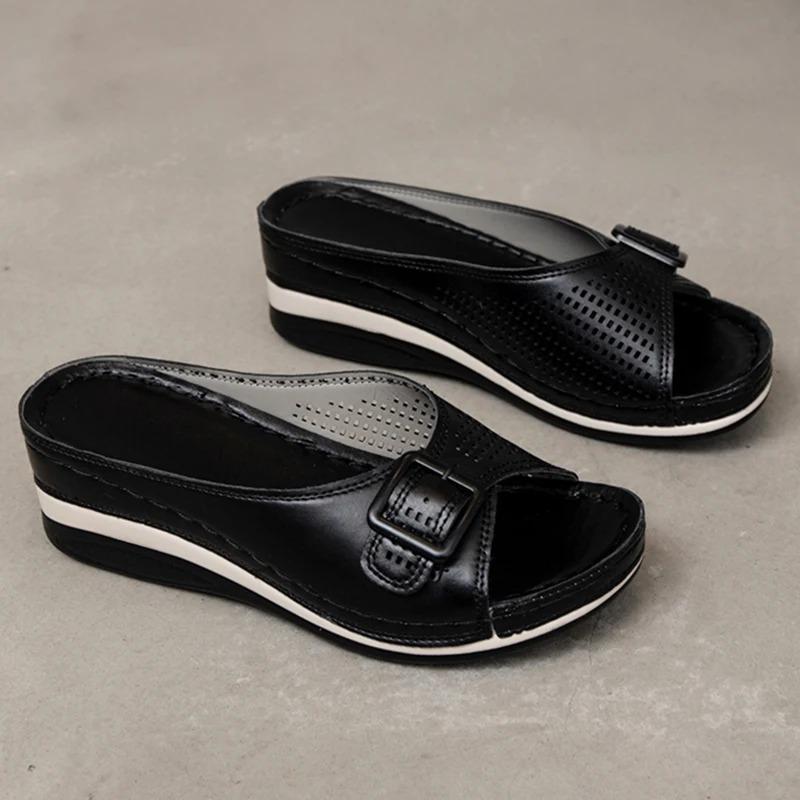 

Buckle Wedges Slippers Women Summer Hollow Out Thick Bottom Beach Shoes Ladies Plus Size 43 Light Chunky Heels Flip Flops 35 чёрный