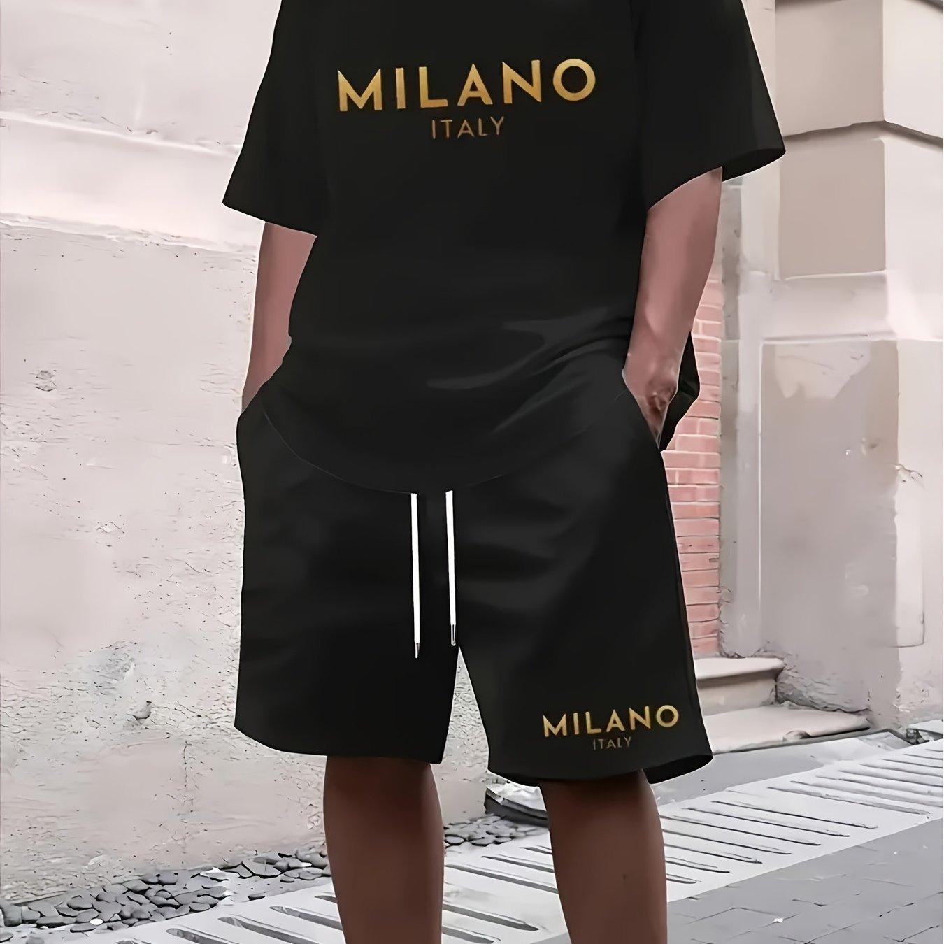 2026 New Summer Men s Milan letters Print T-Shirt And Shorts Set Loose Simple Fashion Sportswear Casual Two Piece Outfit For Adult Men S чёрный