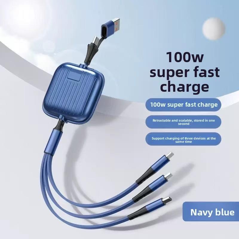 Three-One 100W Retractable USB Charging Cable 1.2m Aluminum Alloy TPE Jacket 5A Fast Charging for Mobile Phone & iPhone 1.2 m синий