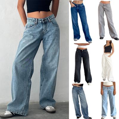Baggy-Jeans für Damen, trendige Low Rise, lässige Boyfriend-Jeans mit geradem Bein, Jeanshose mit Tasche, Streetwear