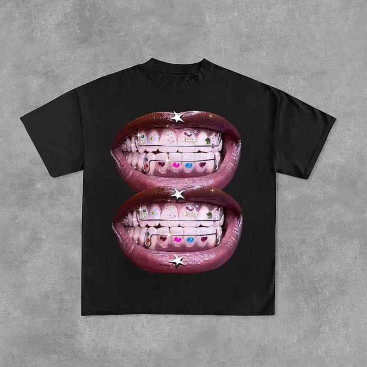 T Shirt Y2K Clothes American Hip Hop Teeth Graphic Print Oversized TShirt Womens Fashion Casual Round Neck Short Sleeve Tops