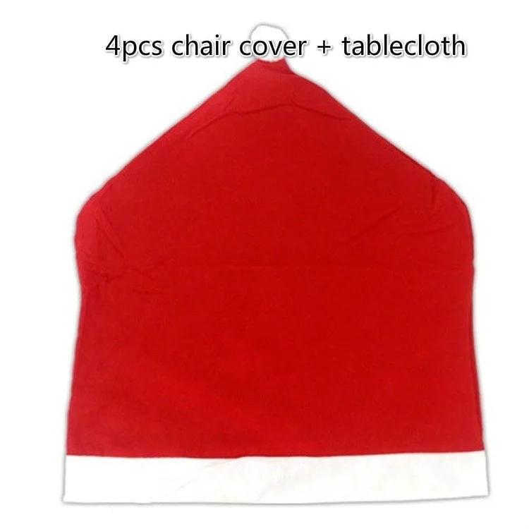 4pcs Red Santa Chair Hat Cover + 1pcs Table Cloth Cover Xmas Christmas Party Dinner Decor