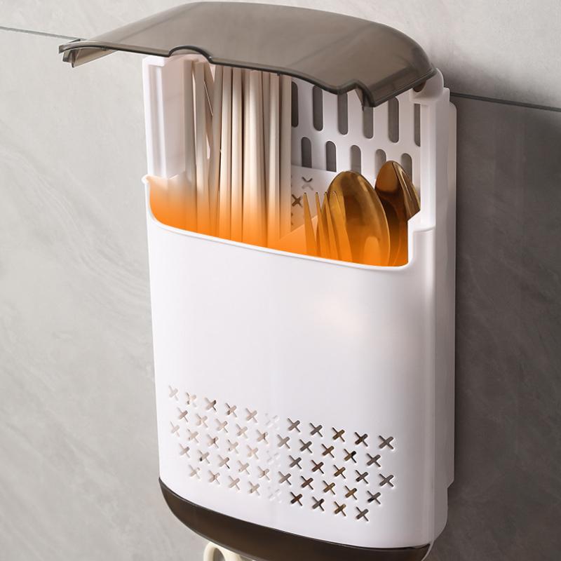 No-Drill Wall Mounted Chopstick Holder With Draining Base Kitchen Cutlery Utensil Storage Box Easy Installation