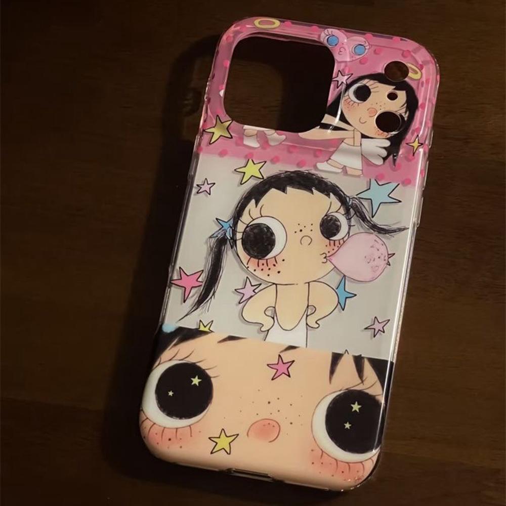 Kawaii Big-Eyed Girl Phone Case for Samsung Galaxy S26 S25 S24 S23 S22 S21 FE Ultra Plus 4G 5G Feather Texture Back Cover