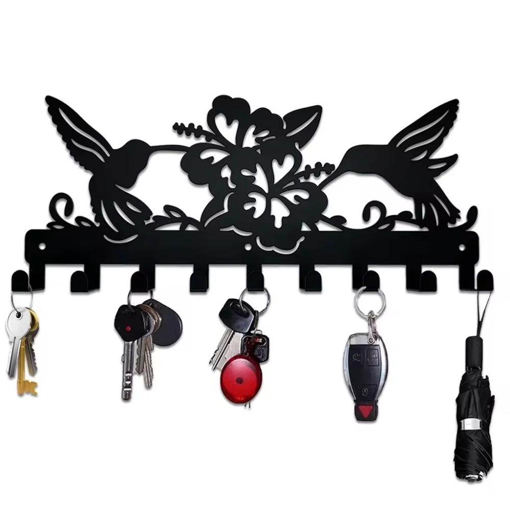 Metal Wall Hanging Storage Rack – Bird and Flowers Design Coat Rack for Keys and Hats, Wall-Mount Hooks, and Coat Organizer