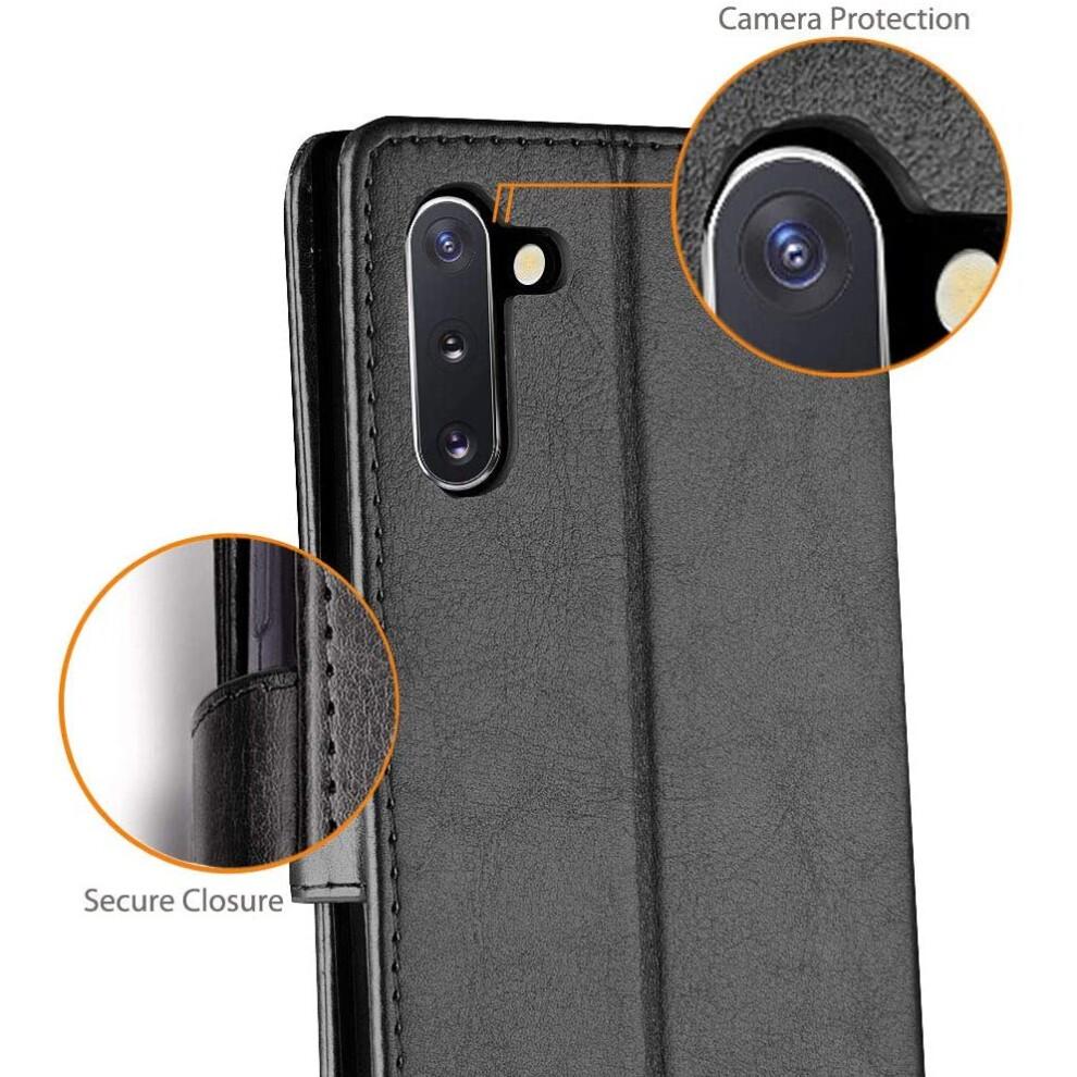 Galaxy Note 10 Leather Wallet Case, Flip Protective Case Cover with Card Slots, Kickstand and Wrist Strap - Black PU