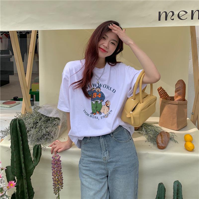 Vintage Funny Cartoon Print Young Girl Short Sleeved T-shirts for Women's Summer Casual Loose T Shirt Harajuku Streetwear Tshirt Y2k Tops