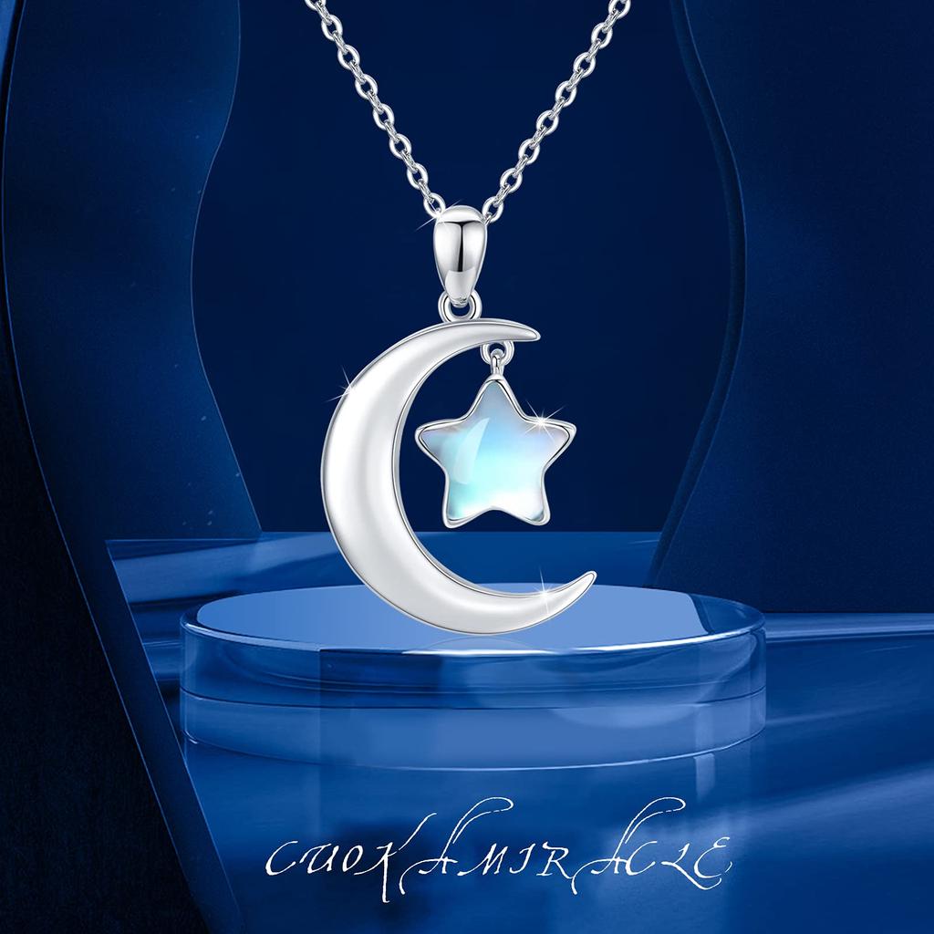 CUOKA MIRACLE Moonstone Necklace Moon Star Necklace 925 Sterling Silver Crescent Moon and Star Pendant Necklace Synthetic Rainbow Moonstone Star Moon