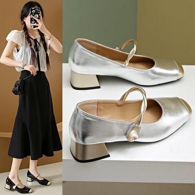Chaussures Simples à Talons Épais Printemps Femmes Cent Talons Hauts Un Mot à Bouche Peu Profonde Tête Carrée Mary Jane Chaussures pour Femmes