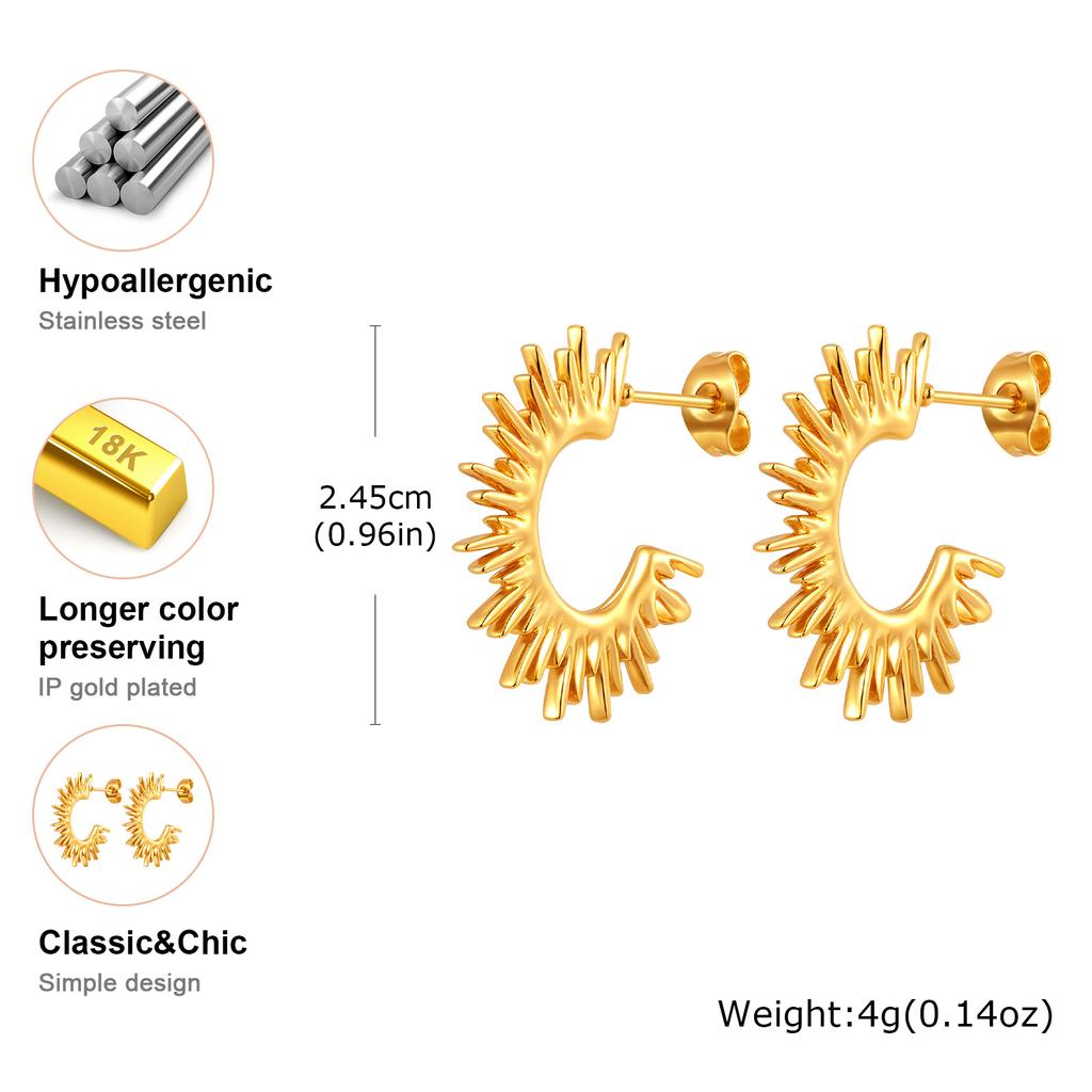 Stainless Steel Irregular C-shaped Stud Earrings for Women,Gold Color Vintage Sun Flower Earrings,Exaggerated Jewelry Gift