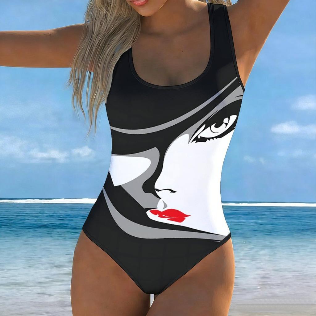 Maillot de bain une pièce sexy d'été avec imprimé floral facial, coupe ajustée, décolleté plongeant en U dans le dos, maillot de bain mode accrocheur pour la plage, la piscine, les vacances