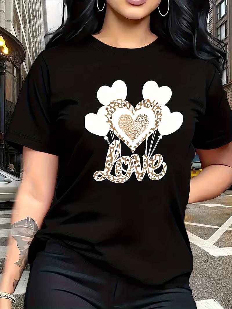 

Symbol of Emotion and Love Metal Texture Art Heart Print Trendy Simple Round Neck Casual Versatile Short Sleeve Womens TShirt S