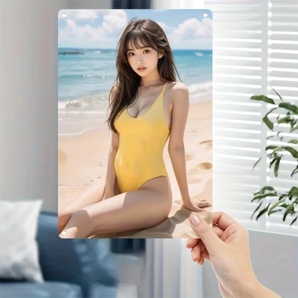 Vintage Metallwandkunstschild - Küstenstranddeko mit gelber Badeanzug-Frau, Langlebige Eisen-Café-Bar-Plakette