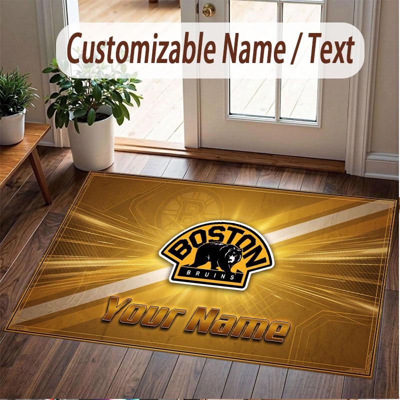 Custom Rug Boston Bruins Pattern Print Name Text Soft Non‑Slip Floor Carpet for Home Indoor Decoration