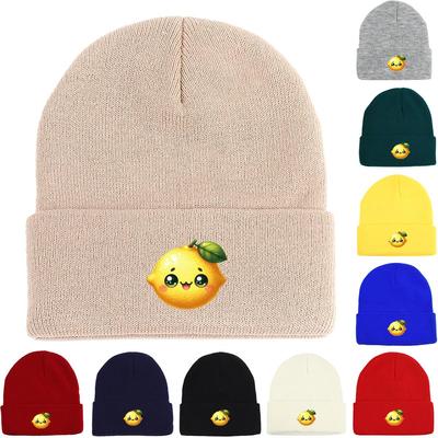 Cartoon Mango Print Knit Hat Beanie, Fruit Skullies Beanies Cozy Stretchable Solid Pompom Beanies Knitted Cap Beanie