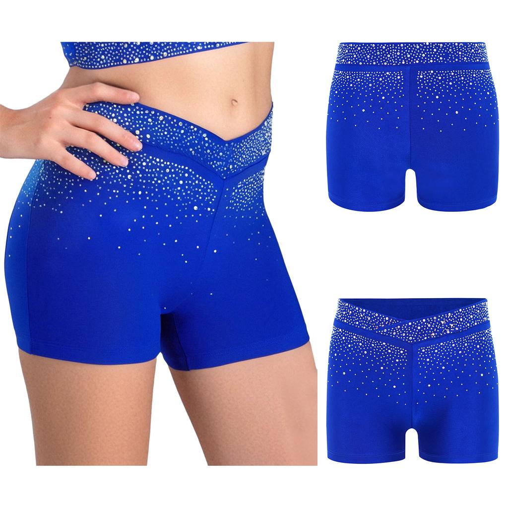 Kids Performance Shorts with Sparkling Rhinestones V-Front Elastic Waistband for Dance Gymnastics