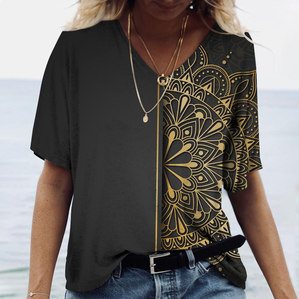 2023 neue frauen Kleidung Sommer Print T Shirt Mandala Gradienten Kurzarm Tops V-ausschnitt Pullover T-shirts Casual Streetwear plus Größe 5XL
