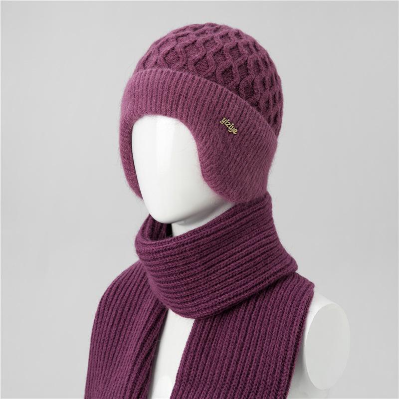 Ji Middle-Aged And Elderly Women'S Basin Hat Grandma Knitted Wool Hat Old Man Hat Rabbit Fur Flower Mother Hat Scarf