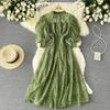 Vintage Frauen Spitzenkleid Frühling Herbst Puffärmel Hohe Taille Party Robe Weiblich Elegant Grün Lila Midi Kleider