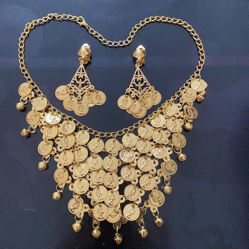 Indian Belly Dance Accessories: Gold & Silver Necklace, Earring, and Headpiece Set
