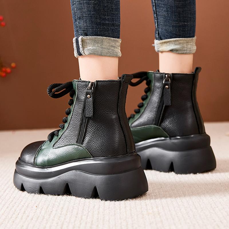 Fashion GKTINOO Genuine Leather Ankle Boots Round Toe Thick Soled Flat Platform Women's Shoes Autumn Winter Retro Handmade Short Boots