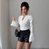 New Spring Summer V-Neck Long Sleeve Sweet Sheer Lace Blouse Elegant White Slim Fit Womens Shirt Casual Party Mesh Top for Women Clothing