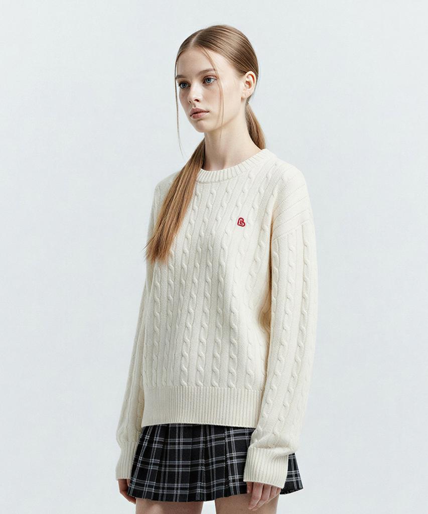 LENGAGEMENT Classic Cotton Round Neck Cable Knit [Ivory]