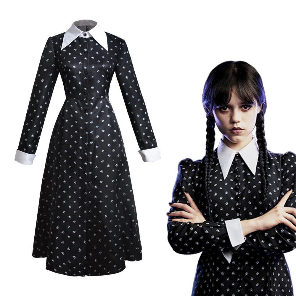 Wednesday Addams Black Dress for Women Girls Halloween Cosplay Costume