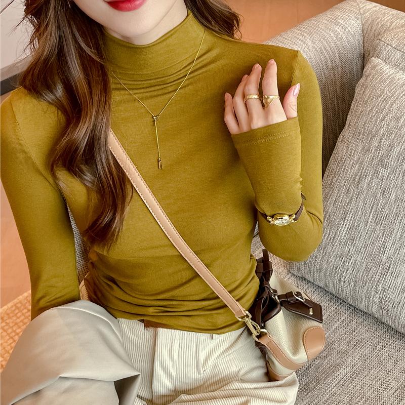 Autumn and Winter Women's Bottoming Shirt Modal Cotton Slim Half-high Neck Collar Inside Tight Solid Color Long-sleeved Blouse
