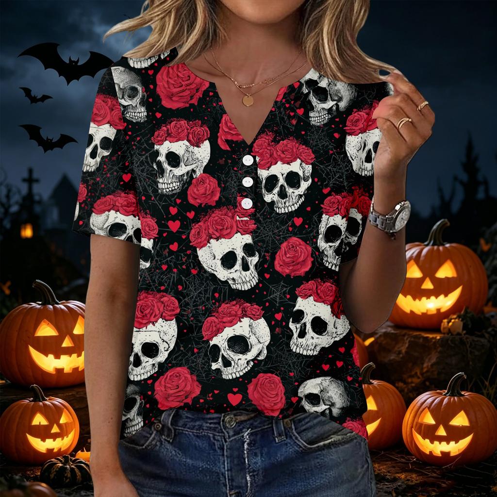 Women's Casual Print V-Neck Short Sleeve T-Shirt with Decorative Buttons