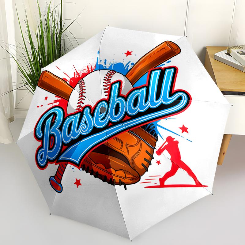 Baseball Design Folding Umbrella - Fashionable Auto-Open Design 8 Iron Ribs Plastic Handle Foldable Sunshade Perfect Gifts