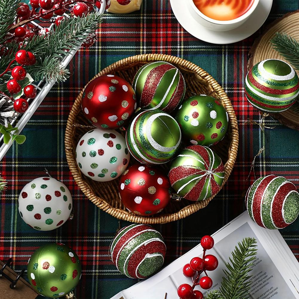 12PCS handpainted Christmas ball decorations featuring snowflake polka dot and tree motifs made from shatterproof plastic