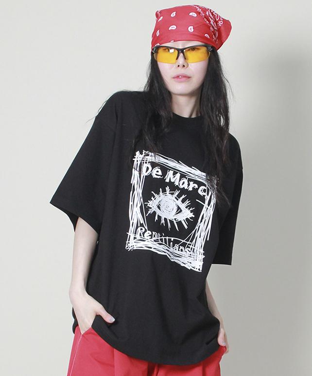 Deumakeu Oversized Square Print Short Sleeve T-Shirt Black