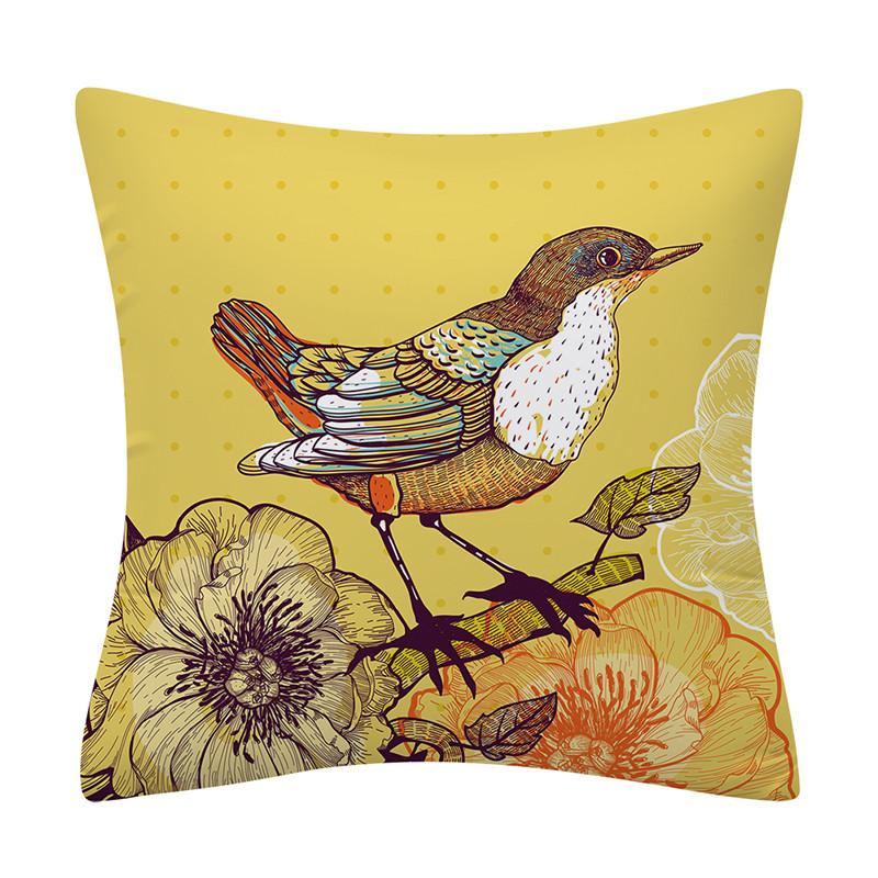 Colorful Plant Flower and Bird Print Pattern Polyester Cushion Cover for Home Living Room Sofa Bedroom Decorative Pillowcase