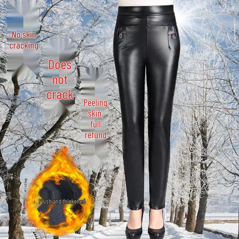 Mom's High-Waisted Leather Pants: Winter Plus Velvet Straight-Leg Style for Middle-Aged & Elderly Women