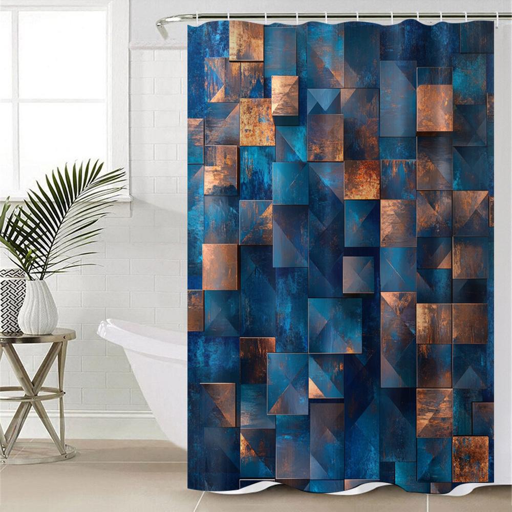1 Piece Blue Geometric Digital Print Polyester Shower Curtain with Hooks, Modern Bathroom Decor, Curtain | Polyester Fabric