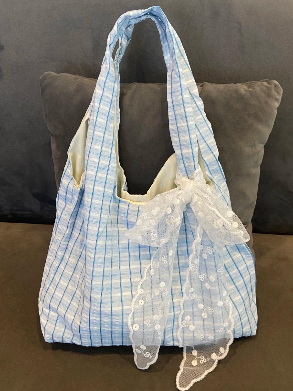 

Корейская синяя клетчатая холщовая сумка женская 2025 новая большая вместительная на плечо сумка-тоут в стиле колледжа для поездок на работу подмышечная сумка