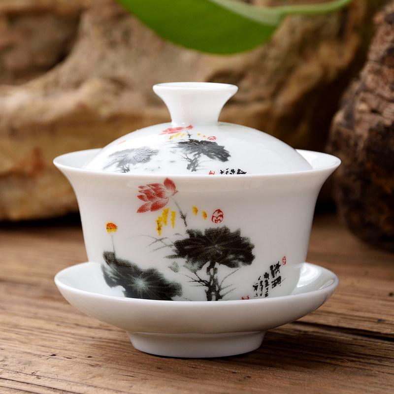 Blue and White Ceramic Gaiwan Tea Set: Small Tea Bowl & Tasting Cup with Concave Lid.