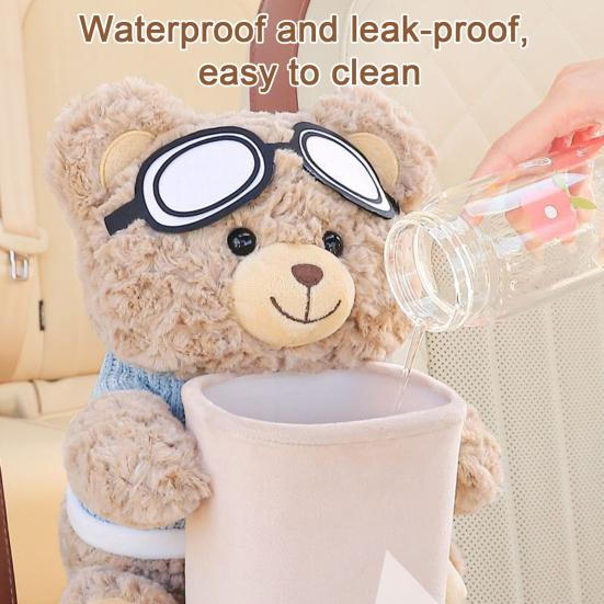 Car Trash Can with Tissue Box Cute Bear Design Plush Doll Waterproof Inner Bucket Car Armrest Organizer Fits Most Center Consoles