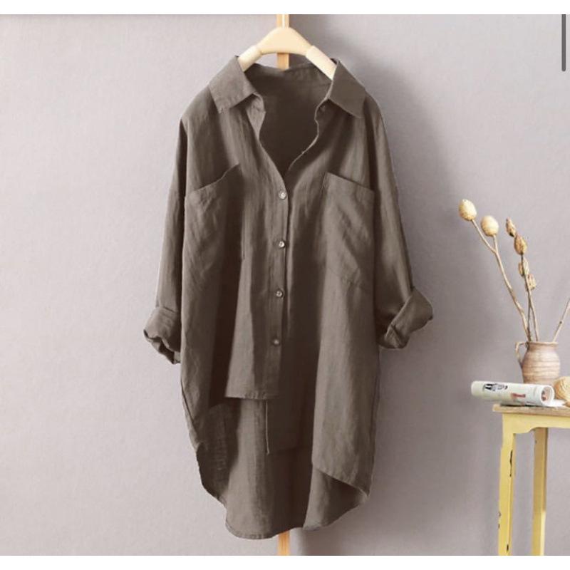 Damen Freizeit Cardigan Hemd aus Baumwolle und Leinen - Einfarbige, Doppeltasche, Langarm, 7 Farben, 8 Größen