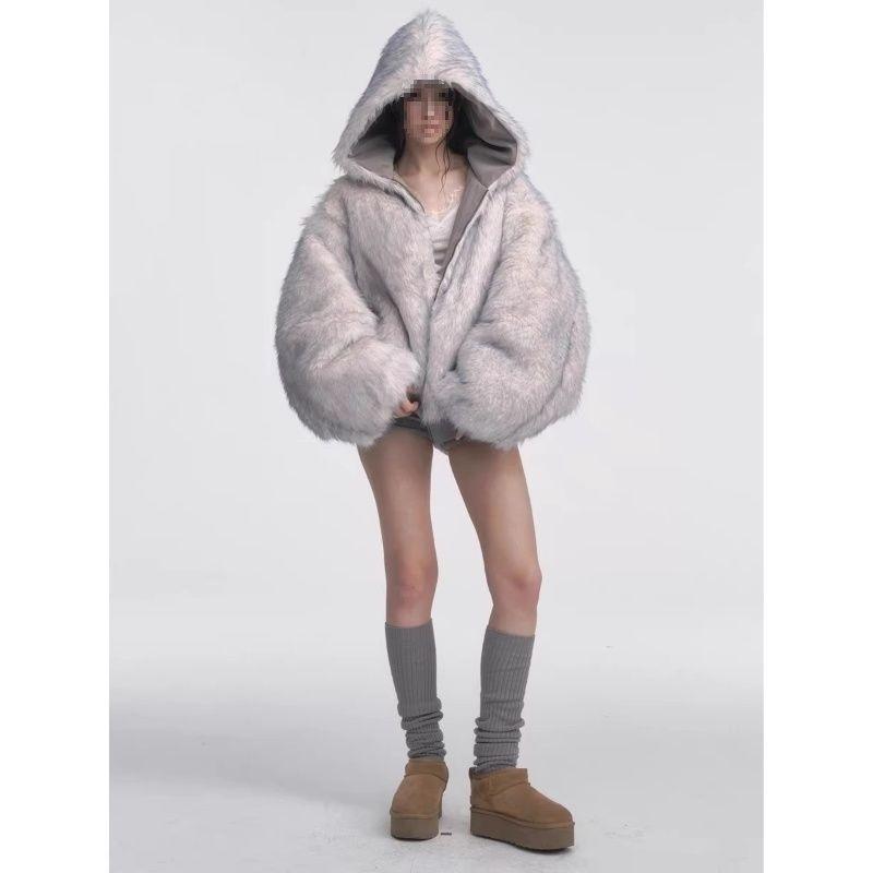 Winter Retro Fur Coat Women Padded Hooded Cotton-Padded Jacket Plush Casual Street Gothic Harajuku Oversize Coat