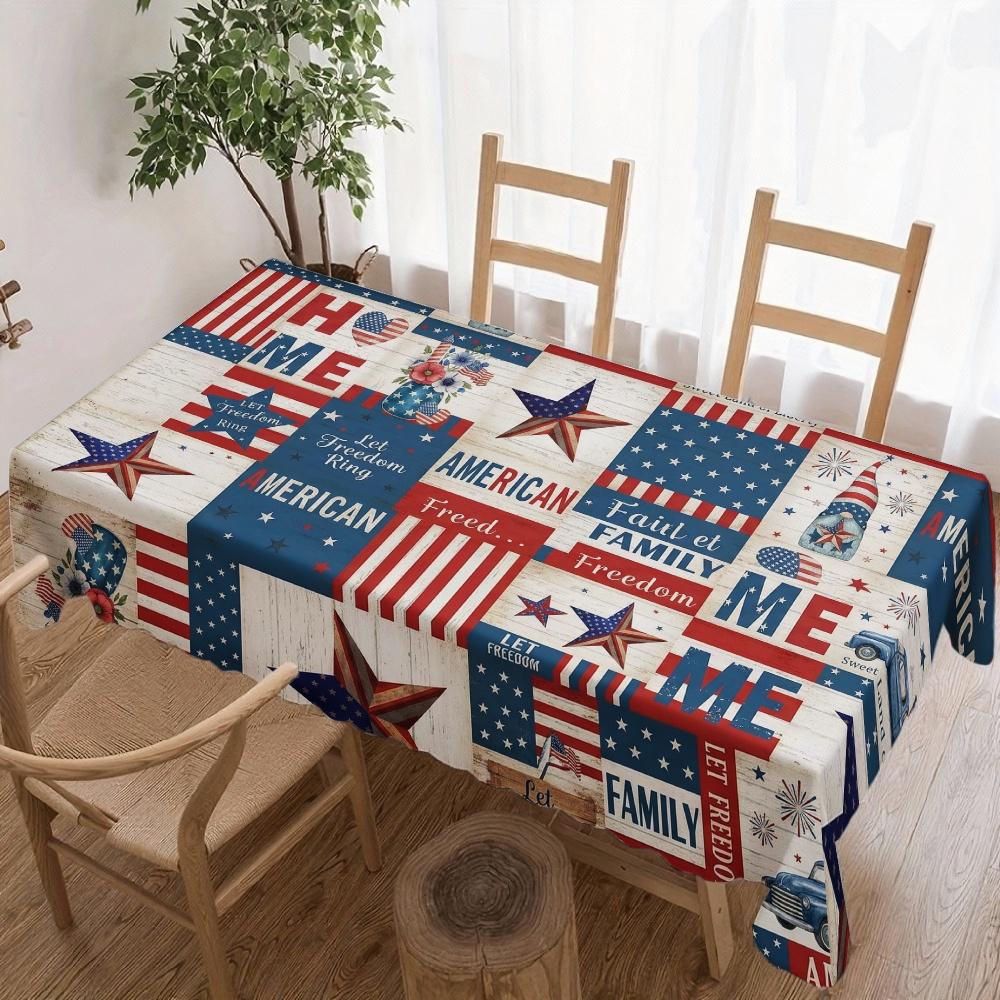 Independence Day Flower Wreath Waterproof Rectangular Tablecloth Red Blue Flower Star USA Flag Tables Cover for Dinner Kitchen
