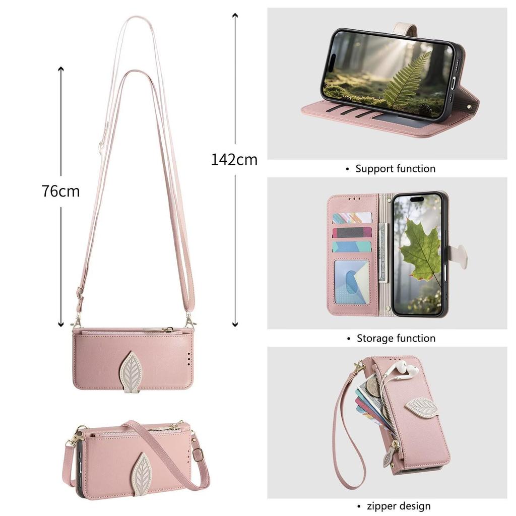 Leaf Zipper Wallet Case for iPhone 17 Pro Max/17 Pro/17 Air/17 E/17, Magnetic Card Holder Crossbody Shockproof PU Leather Cover